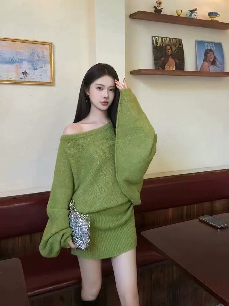 American Spice Girl Lazy Premium Autumn and Winter Knitted Dress Loose Bat Sleeve Off Shoulder Short Hip Wrap Dress