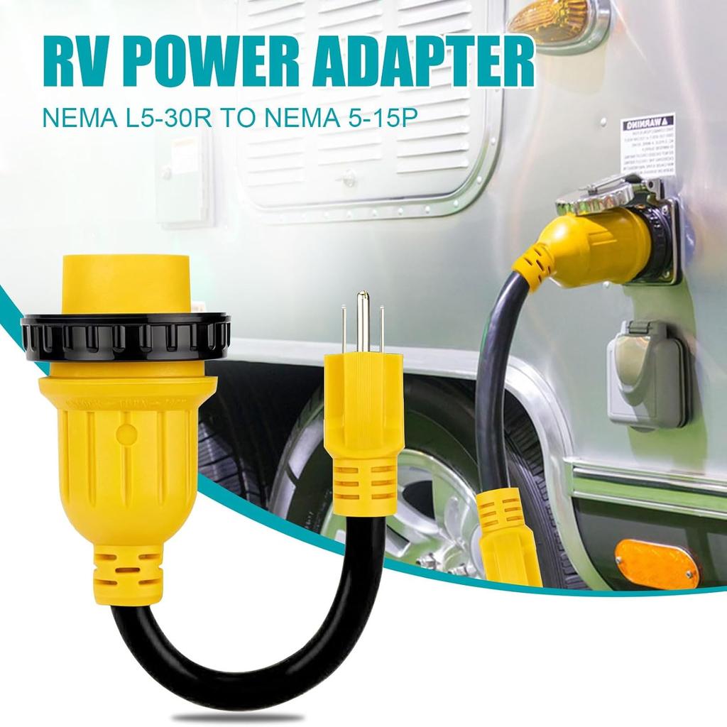 Heavy Duty 15A Male To 30A RV Power Adapter – Twist Lock L5-30R To 5-15P Converter 12" Dogbone Cord for Campers Trailers 125V Durable Safe