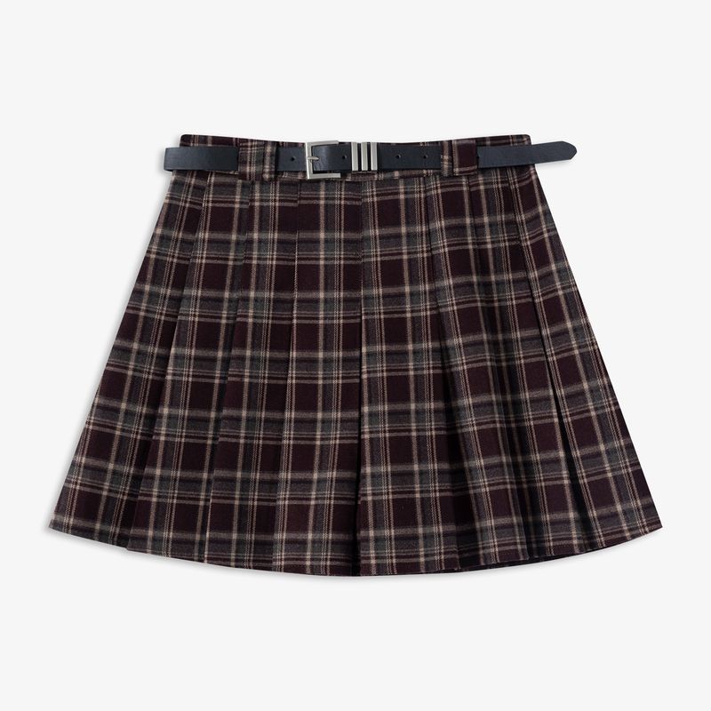 

Aozhi National College Style with Belt Plaid Pleated Skirt Age-Reducing Short Skirt for Women Early Autumn 2 Colors Slim Looking A- line Skirt Cafe XL