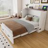Cama Dobrável 140 x 200 cm, Estrutura de Cama Extensível com Arrumação, Tomada de Acordo com Norma Europeia, Estrutura de Metal, Rodízios de Baixo Ruído, Branco