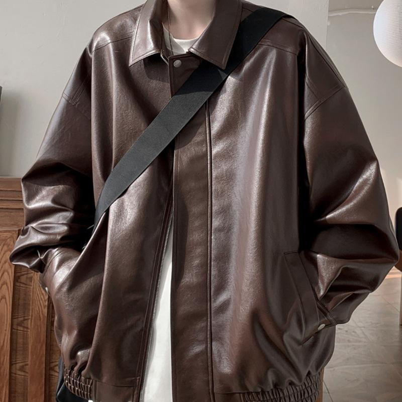 Retro Leather Jacket Men's Autumn Winter Trendy Casual Loose Pu Leather Coats