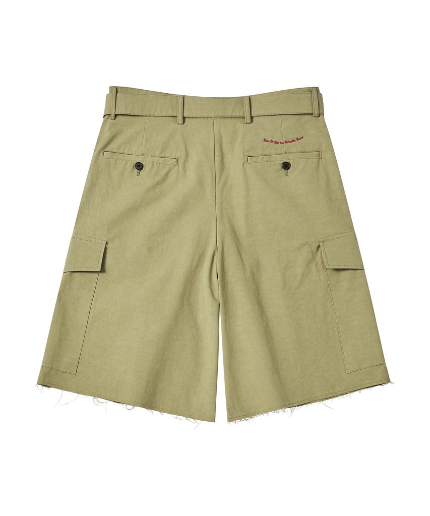 BEYOND CLOSET [Collection Line] Belted Detail Washed Cotton Cargo Half Pants Khaki