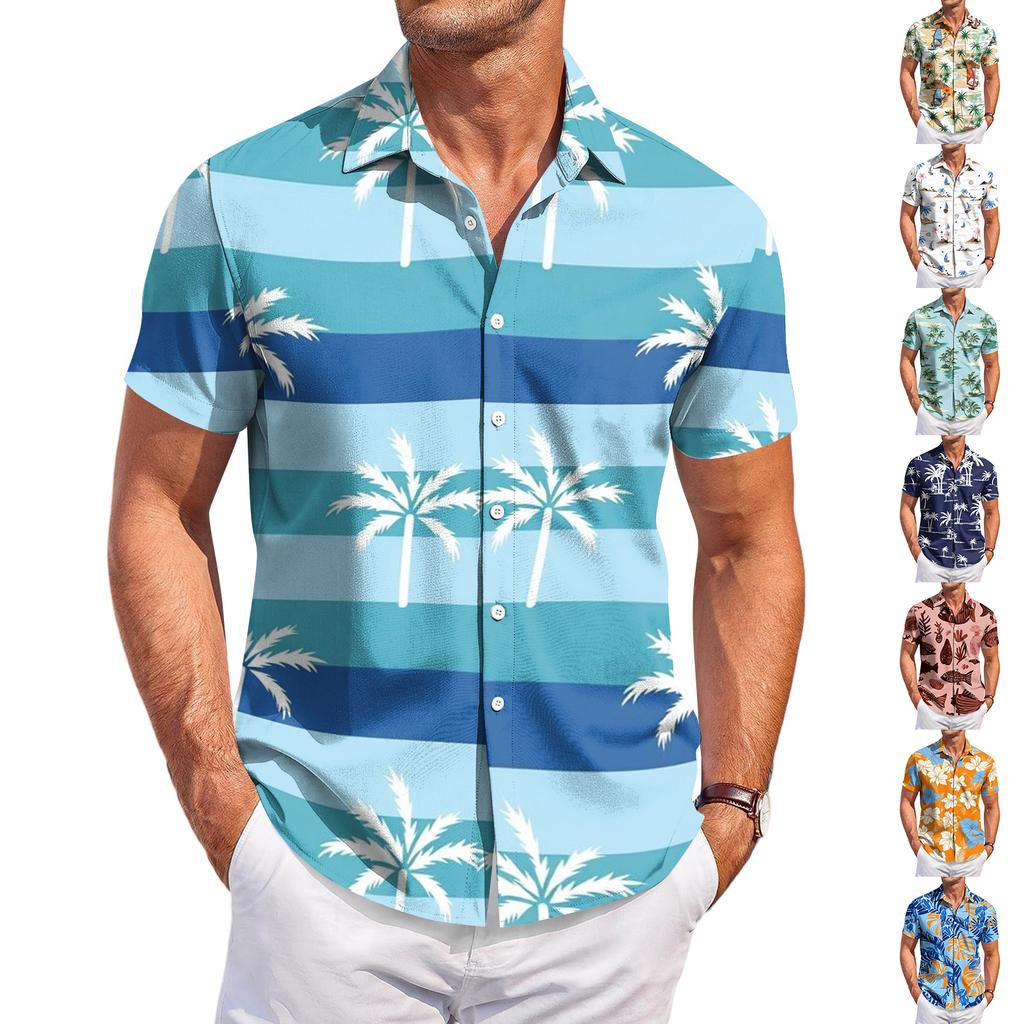Men's Casual Loose Fit Short Sleeve Hawaiian Shirt Button Down Beach Shirt with Tropical Print Summer Top