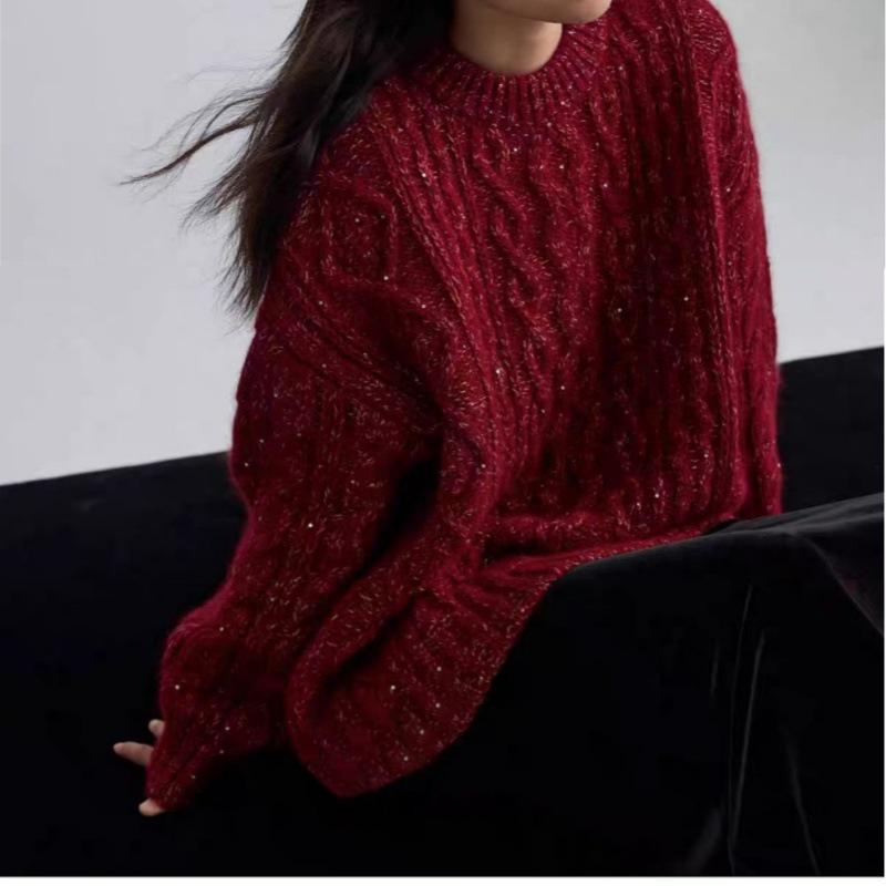 Women's Red Cable Knit Wool Sweater - Heavy Workmanship, 100% Pure Wool, Autumn/Winter, Marled Yarn, Loose Fit, Thickened for Warmth