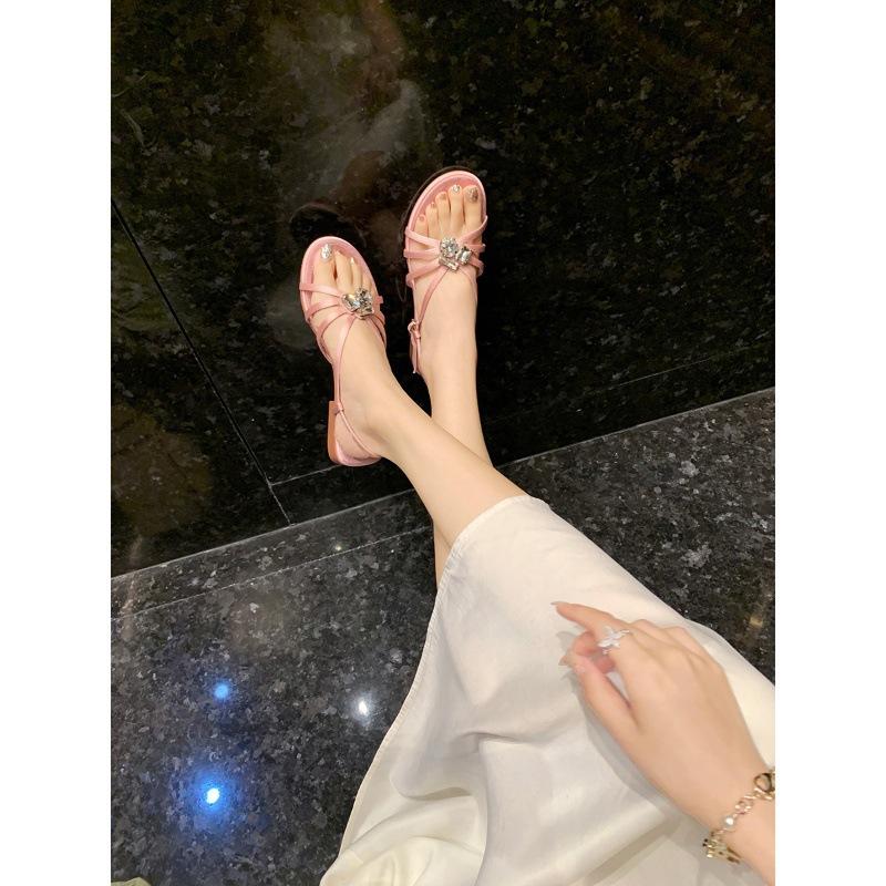

Sheepskin version of the new summer fashion French elegance gem buckle strap flat toe sandals women 40