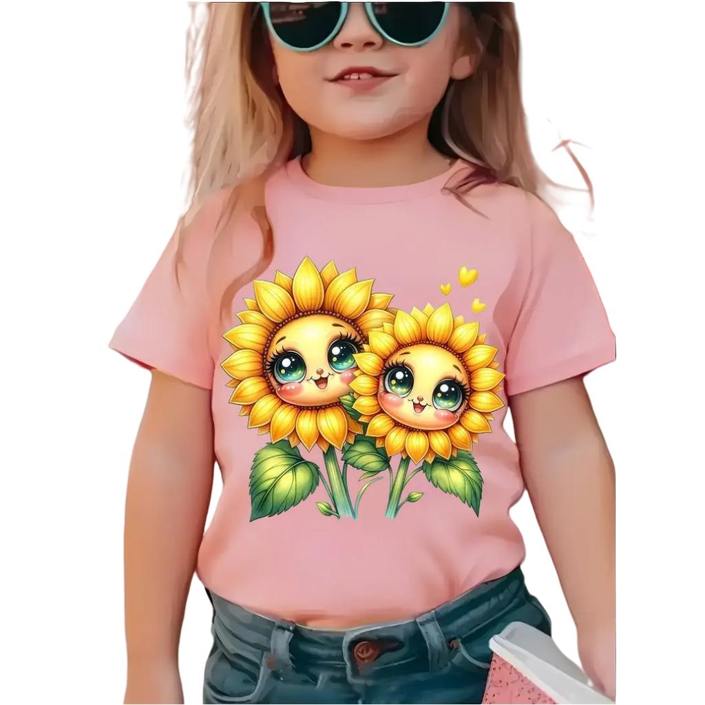 Girl T-Shirt 3D Flower Print T-Shirts for Girls Short Sleeve Children Top Casual Outdoor Girl Clothes 7 to 8 Years Kids T Shirt