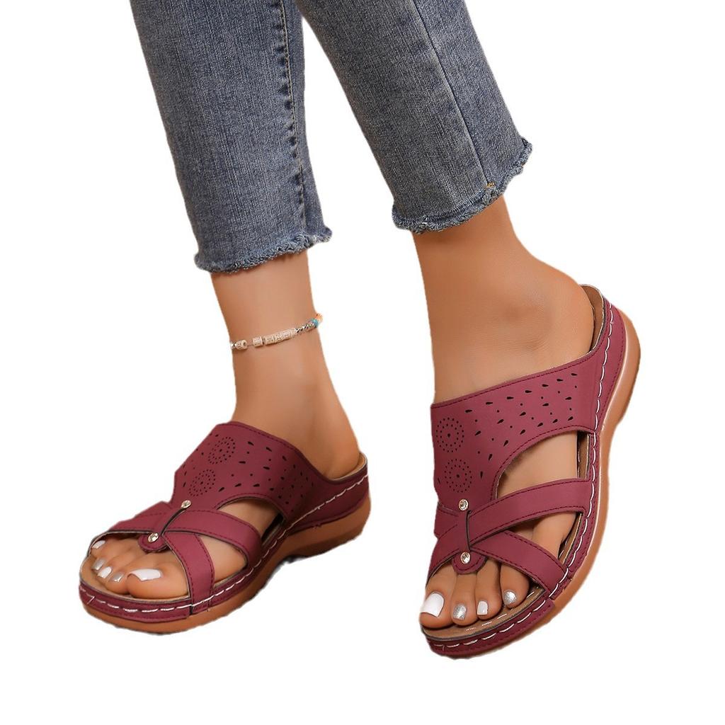 Summer new slippers women's slope heel hollow cross word beach slippers women