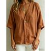 Women’s casual, loose-fit V-neck T-shirt for spring and summer – plain-coloured button-up top in linen