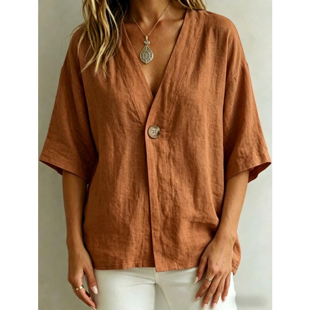 Women’s casual, loose-fit V-neck T-shirt for spring and summer – plain-coloured button-up top in linen