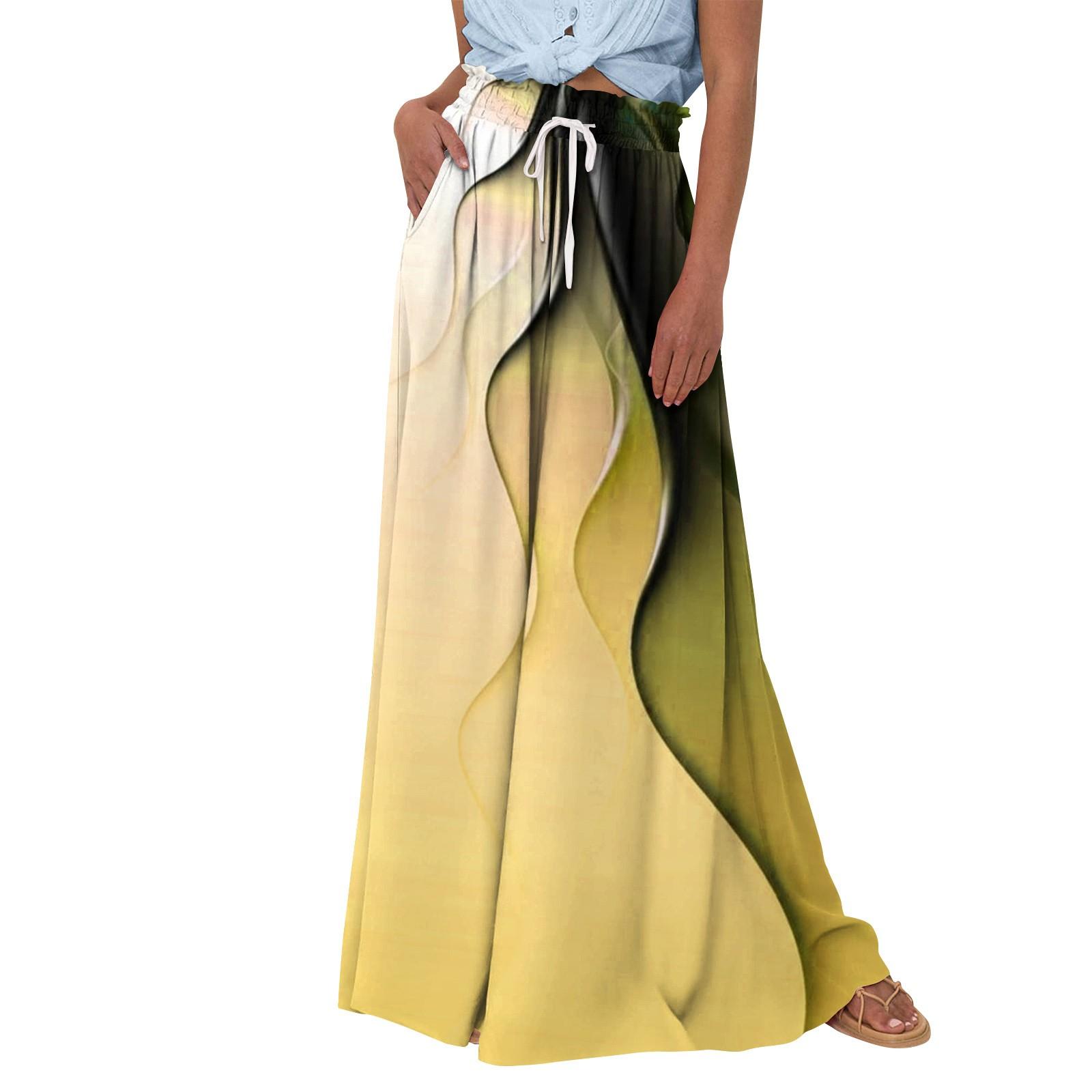 

Женские широкие брюки с высокой талией, летние повседневные струящиеся брюки-палаццо, пляжные брюки с принтом и карманом XL жёлтый