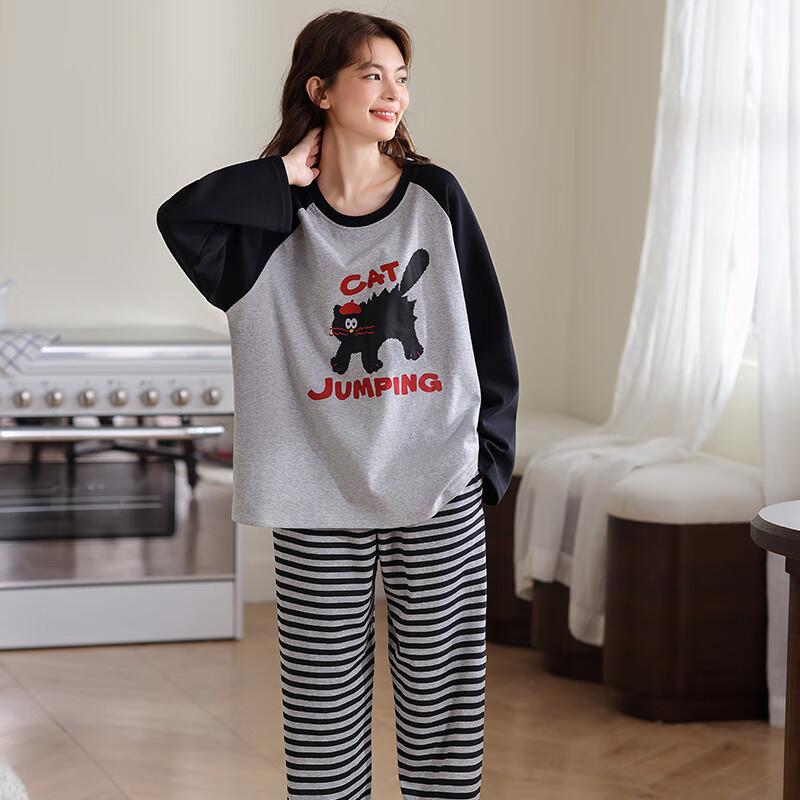 XUEXIMAN Women's Pajamas Xinjiang Cotton Spring and Autumn Sweet Lazy Long Sleeve Round Neck Loose Homewear Set M
