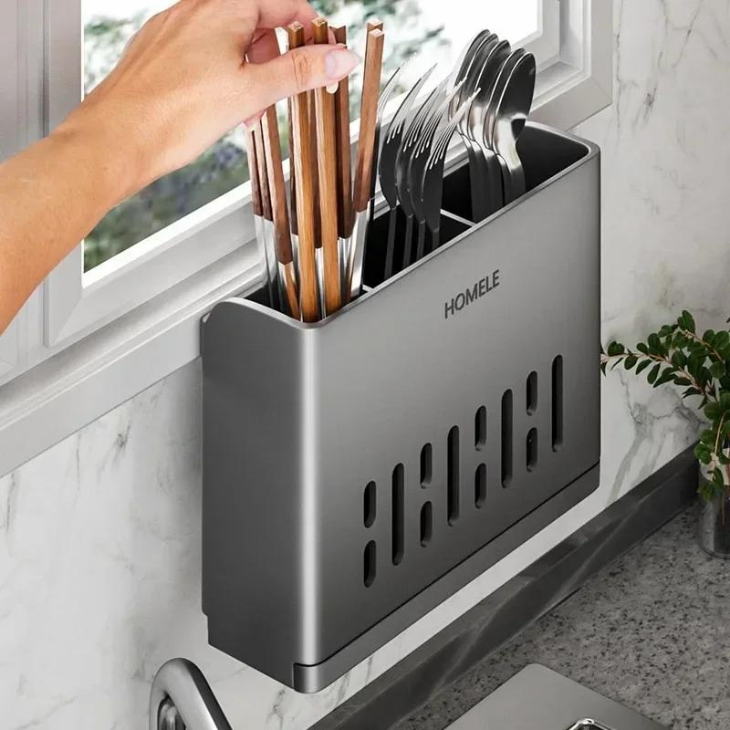 1-teiliges Küchenutensilienregal - Multifunktionaler Abtropf-Essstäbchenhalter Wandmontierter oder freistehender Besteckaufbewahrungsbehälter aus Kunststoff