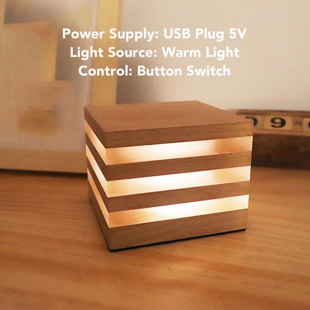 Cube Lamp Wooden LED Night Light Handmade Cordless USB Powered Desk Lamp for Bedroom Nightstand Home Office