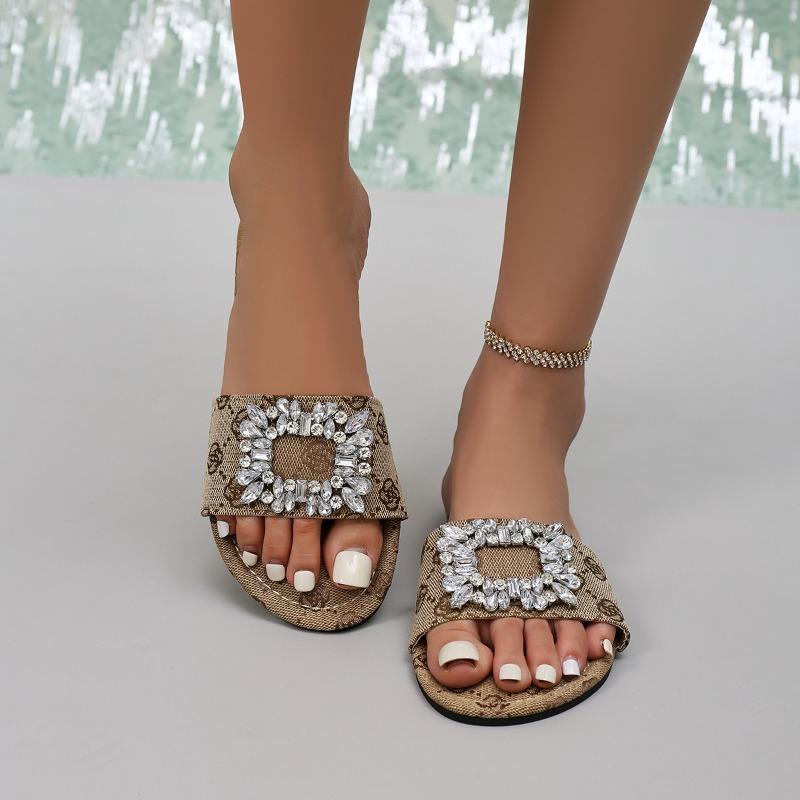 Large Size Flat Embroidered Slippers Women's Round Head Rhinestone Beach