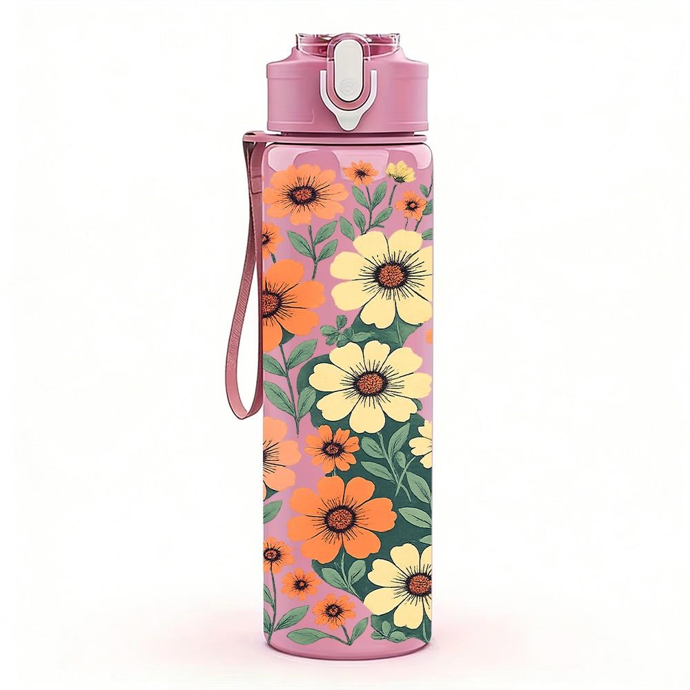 1PC Multi Tone Daisy Wildflower Print 750ml Color Plastic Sports Water Bottle Leakproof Flip Straw Lid Suitable for Sports Office Home Use