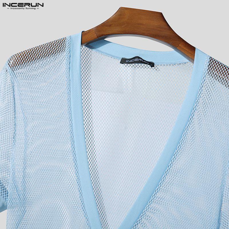 INCERUN Summer Men V Neck Short Sleeve Mesh See Through Hollow T-shirts Tops