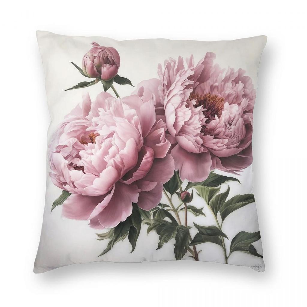 Pink Peonies Floral Pillowcase Polyester Linen Velvet Creative Zip Decorative Sofa Cushion Cover