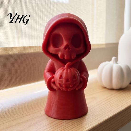 Halloween Decorations 3D Printed Grim Reaper Figurine Holding Pumpkin, Blank DIY Tabletop Seasonal Decor Paintable Statue, Cute Desktop Shelf Holiday