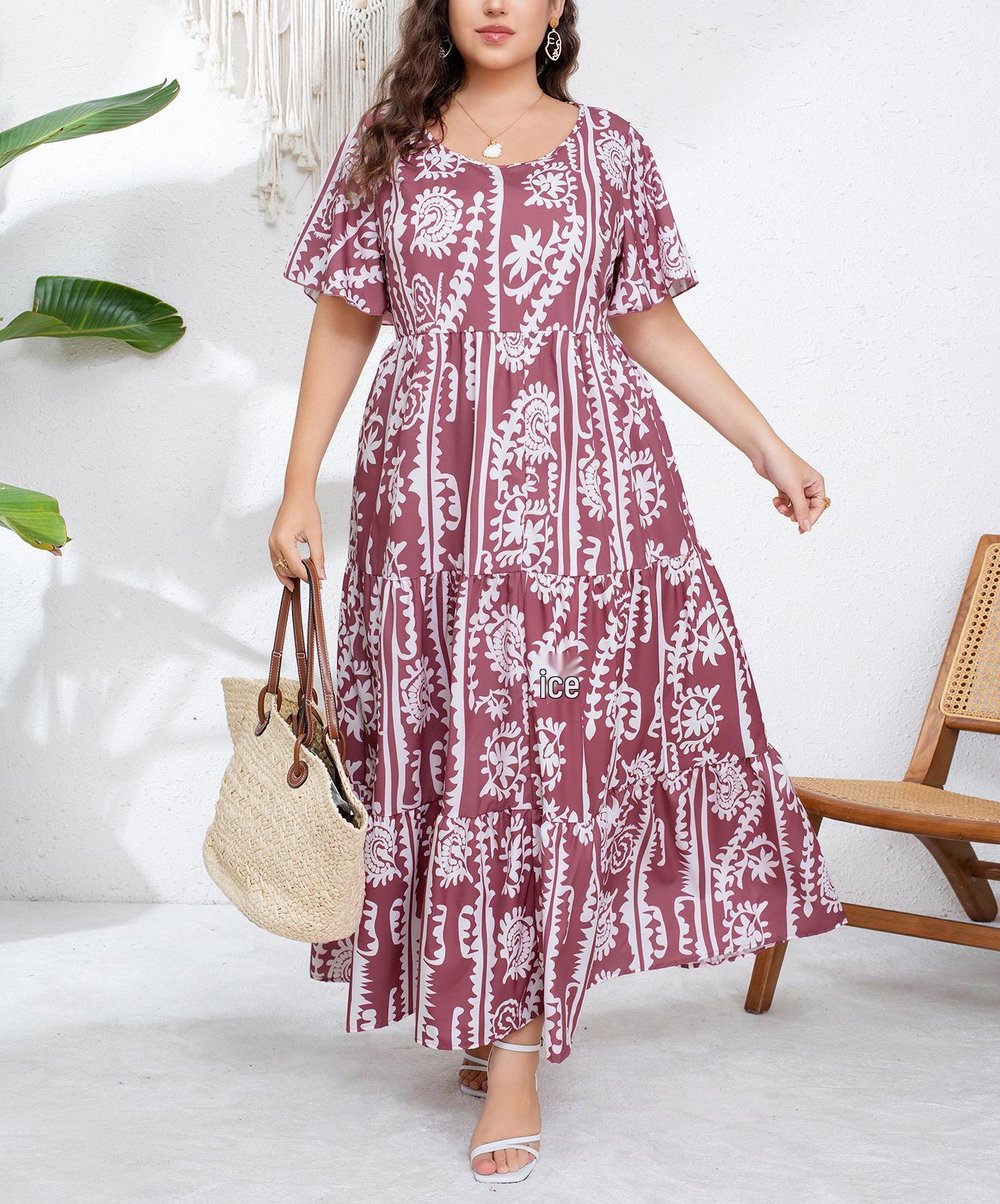 

Plus Size Floral Print Stretchy Summer Dress - Casual, Elegant, Retro, Round Neck, Short Sleeve, Wide Hem Skirt XXXXL розовый