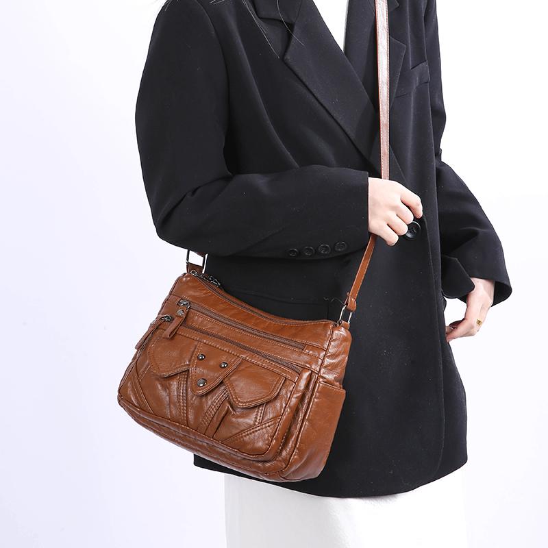 Women's Bag Retro Large Capacity Shoulder Bag Multi-Layer Crossbody Bag Soft Leather Mother Bag