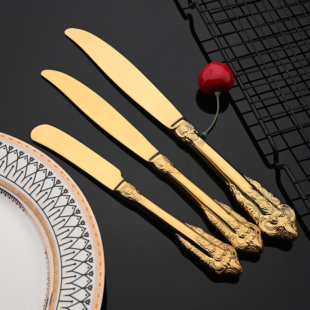 Vintage Western Gold Plated Cutlery Dining Knife Fruit Fork Teaspoon Butter Knife Set Luxury Dinnerware Engraving Tableware Set