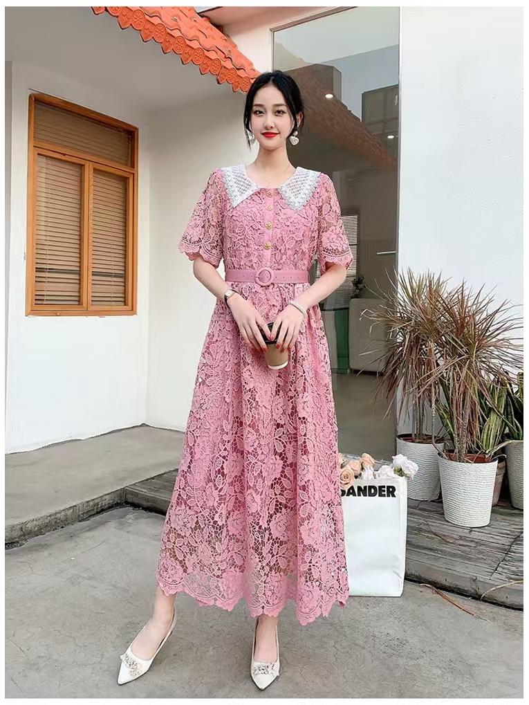 Damen Französisch Süß Farbblock Peter Pan Kragen Slim Fit Midilänge Spitzenkleid