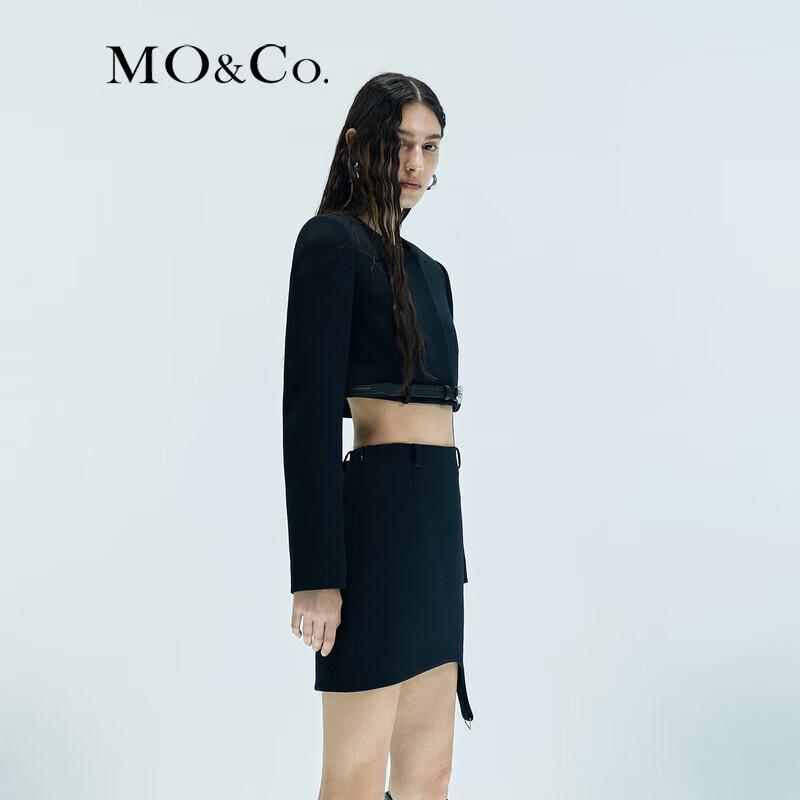 MO&Co. Padded Shoulder Short Boxy Jacket with Belt