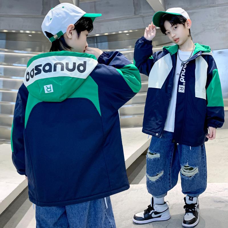 Boys' Fashion Coat Spring and Autumn Children's Bear Print Hooded Trench Coat