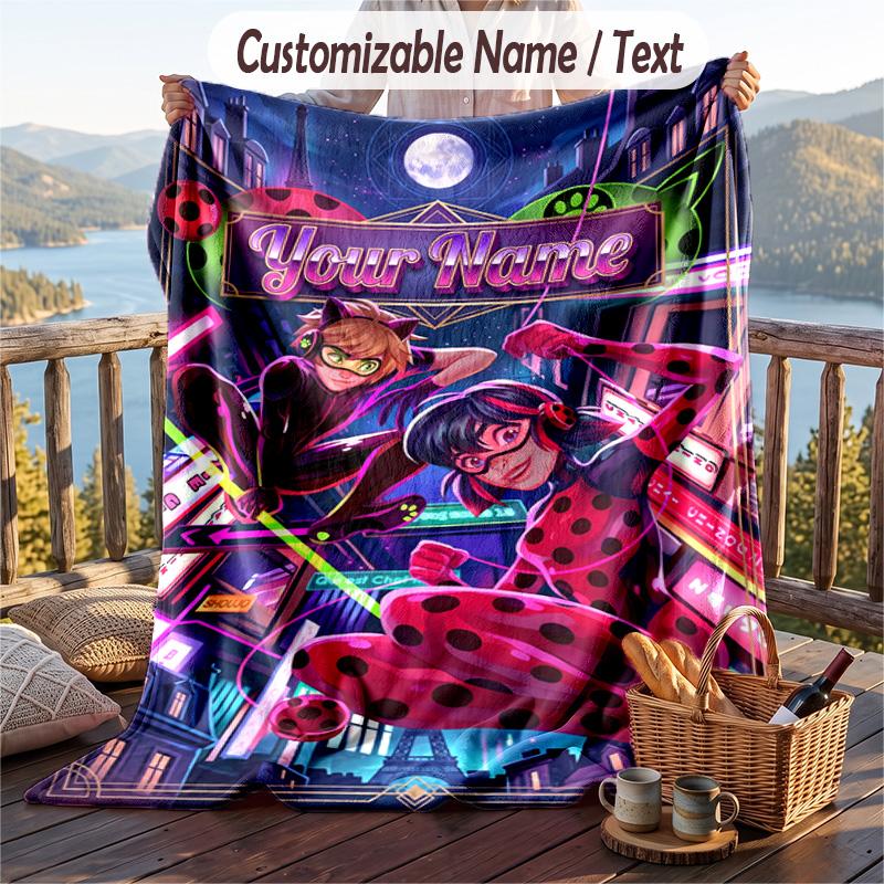 Miraculous Ladybug Flannel Blanket, Personalized Custom Name Text, Soft Warm Plush Throw Blanket For Gift