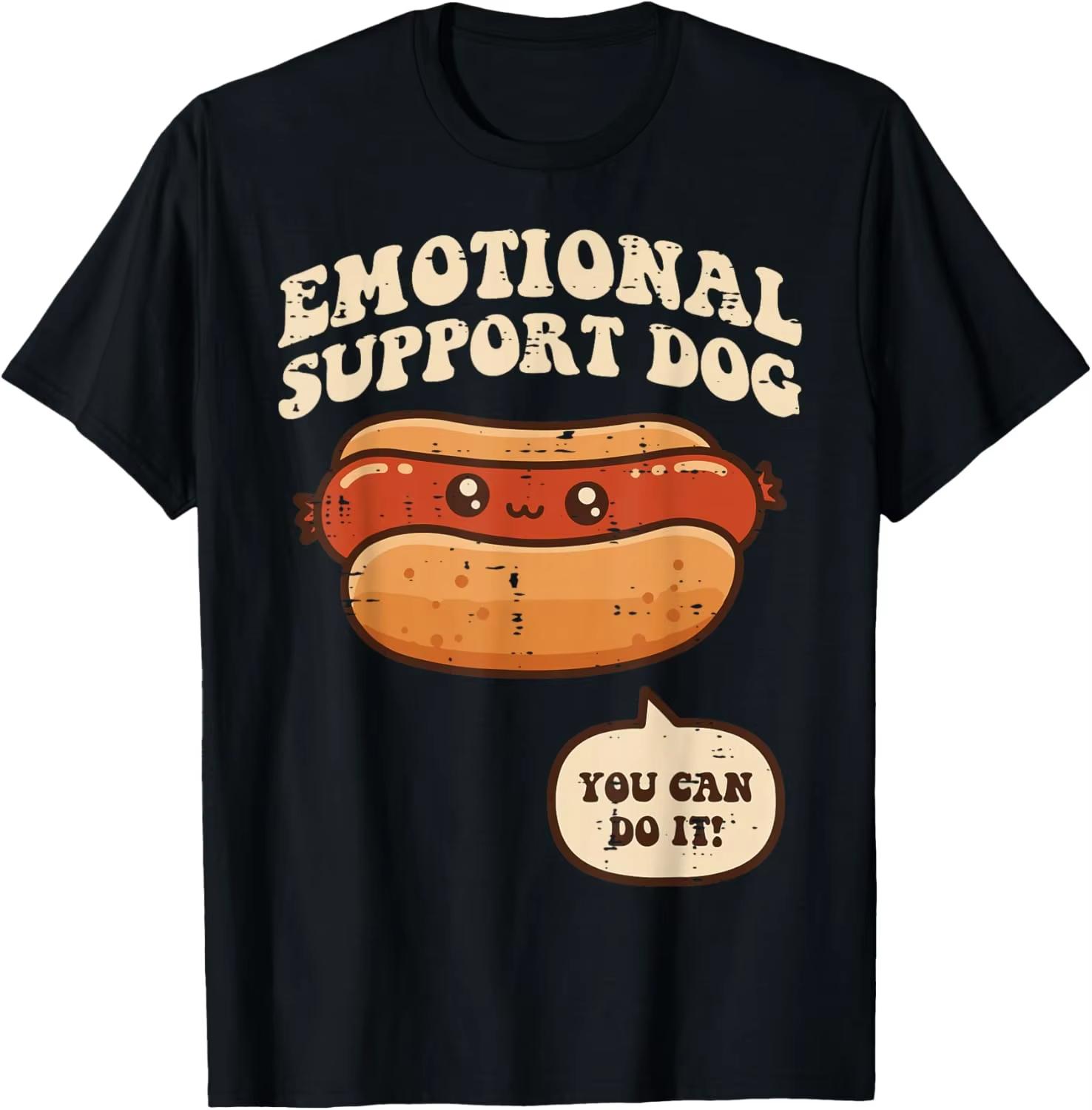 2026 Emotional Support Hotdog Funny Cartoon Graphic Tee Casual Short Sleeve TShirt for Unisex Women L