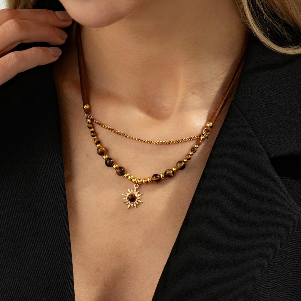 SHIXIN Vintage Brown Stone Beaded Choker Necklace for Women Exquisite Gold Color Sun Pendant Necklace New Year Clavicle Jewelry