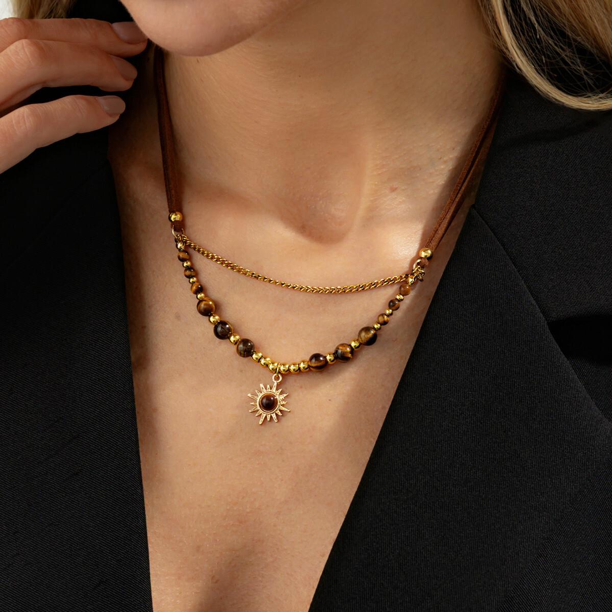 

SHIXIN Vintage Brown Stone Beaded Choker Necklace for Women Exquisite Gold Color Sun Pendant Necklace New Year Clavicle Jewelry