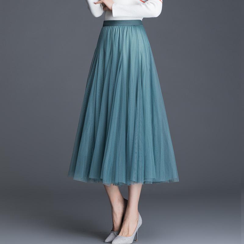 2025 High-Waist A-Line Mesh Skirt: Three-Layer Pleated Fairy Skirt for Spring & Autumn
