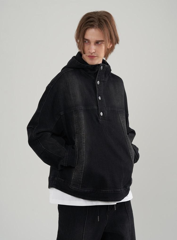 Comspace 1980 [M~2Xl] Washed Spandex Denim Oversized Hoodie Anorak Dark Gray/M