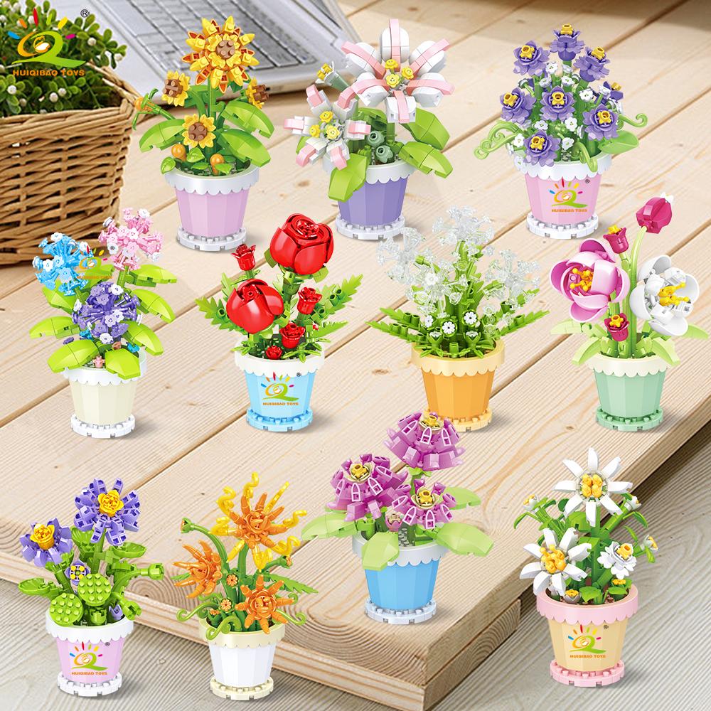 Non-Toxic Moc Eternal Flower With Pot Micro Building Block Diy Sunflower Rose Bouquet Mini Model Brick Toy Home Desk Decoration