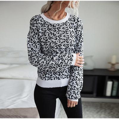Women's Round Neck Sweater Short Leopard Print Knitted Pullover Fashionable Casual Top Pull Jumper  Bottoming Shirt Autumn and Winter