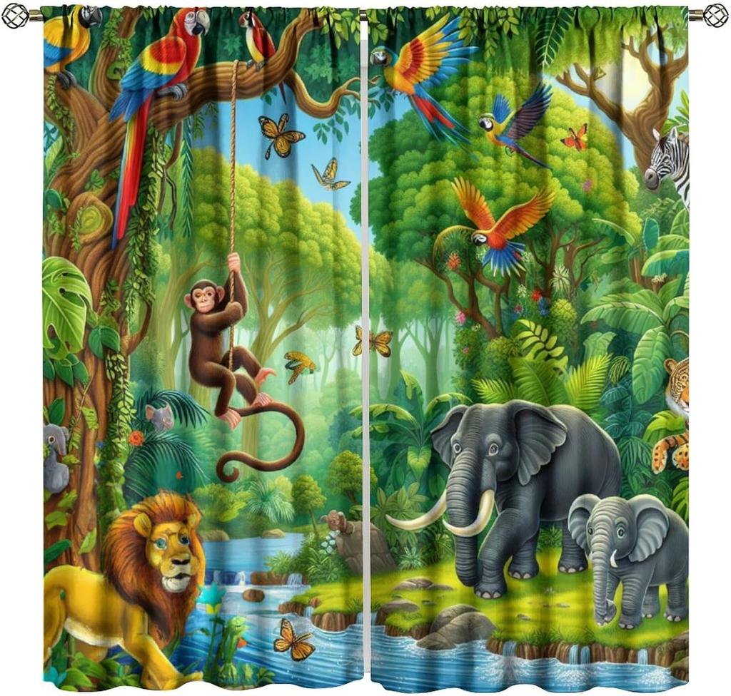 Animals Window Curtain Cartoon Jungle Forest Elephant Lion Print Curta For Kids Boys Girls Nursery Baby Bedroom Playroom Home