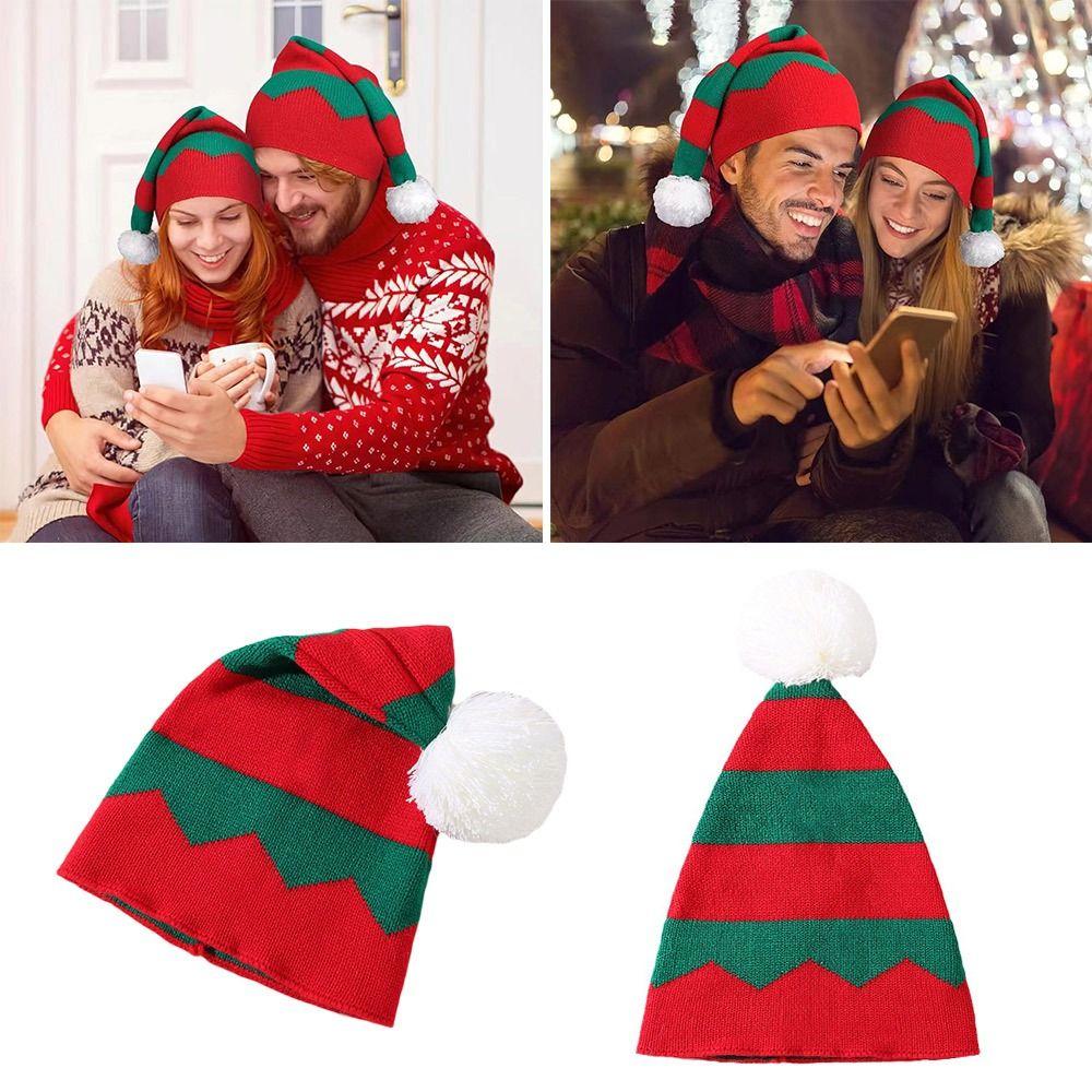 Gift Fur Pom Poms Christmas Hat Winter Thick Santa Claus Cap Plush Holiday Beanies Cap for Adults
