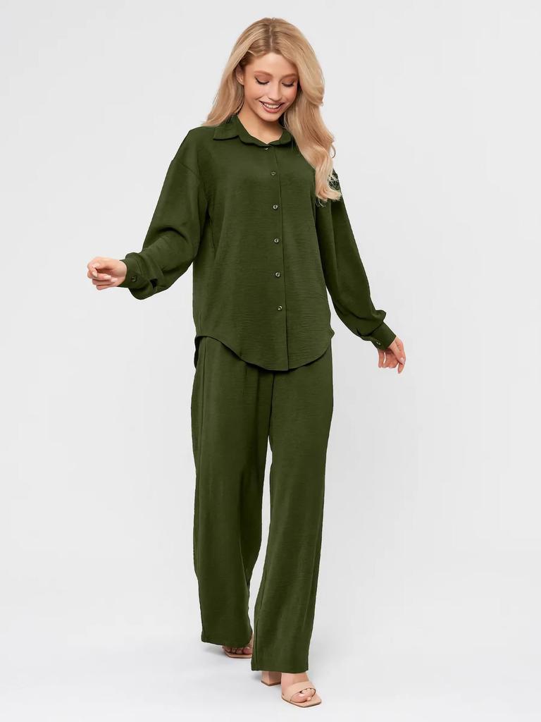 French Casual Two-Piece Loungewear Set: Relaxed Shirt and Pants for Women