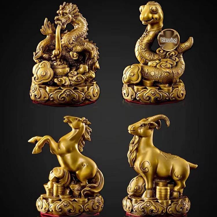 Complete Set of Brass and Copper Chinese Zodiac Ornaments: Rat, Ox, Tiger, Rabbit, Dragon, Snake, Horse, Sheep, Monkey, Rooster, Dog, Pig.