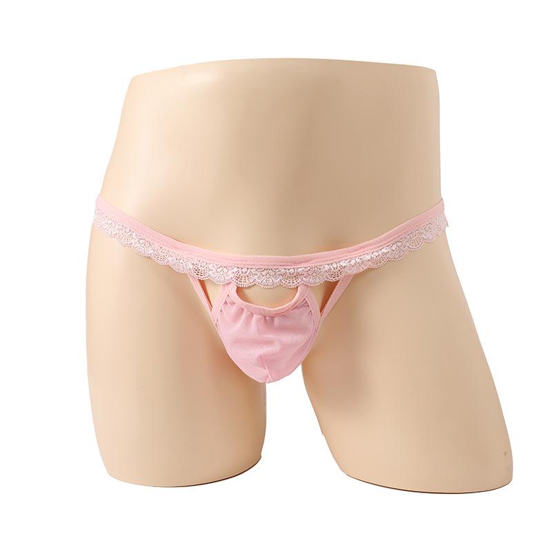 Men'S Sexy Low Rise T-Back Thong G-String Hollow Out Bulge Pouch Panties Lace Trim Belt Sissy Lingerie Naughty Male Nightwear