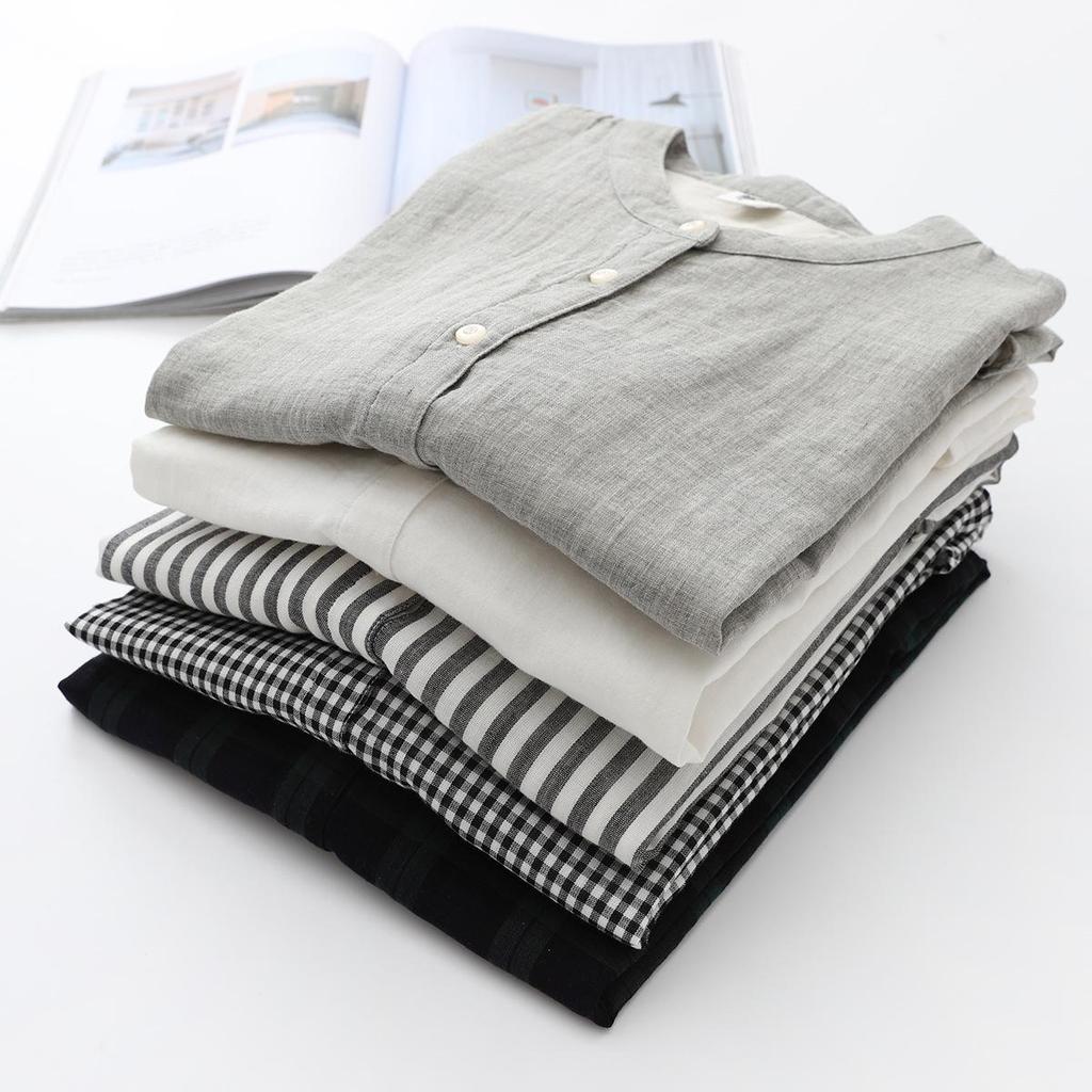 Japanese Minimalist Plaid Women's Sleeveless Stand Collar Shirt & Classic Short Sleeve Shirt