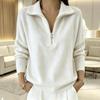Women's Fashion Color Flared Lapel Zippered Loose Long Sleeve Pullover Hooded Sweatshirt Top