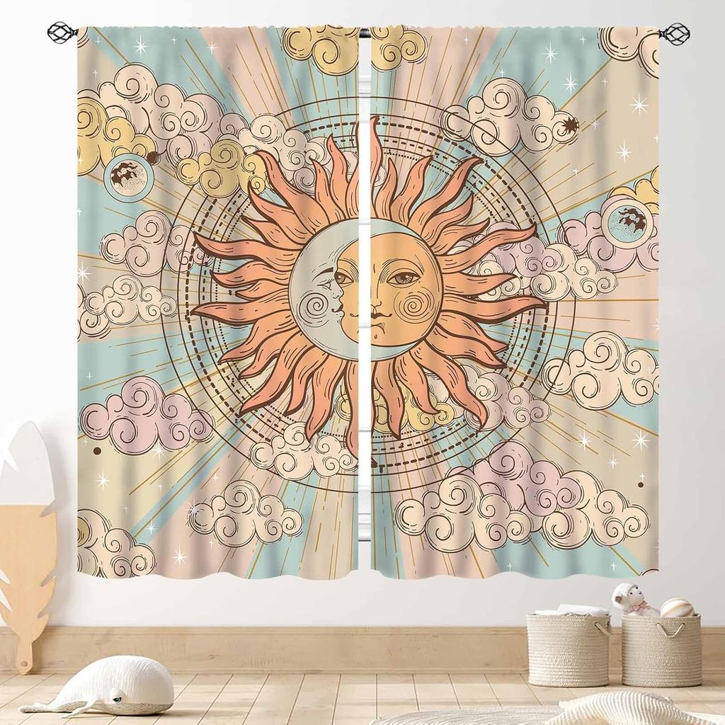 Wild Floral Moon Curtains, Boho Vintage Moon Phase Botanical Mid Century Moonlit Plants Aesthetic Spring Flower Blackout Window