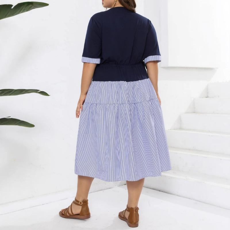 Damen Sommer Rundhals Gestrickt Patchwork Gestreift Kurzarm Fake Zwei Schwingkleid