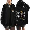 Mikina s kapucí na zip One Piece Luffy Monkey D s potisky loga Slaměného klobouku na zádech, vážná póza Luffyho s Monkey D Luffy, distressed velký text, oversized anime fanouškovská mikina na zip