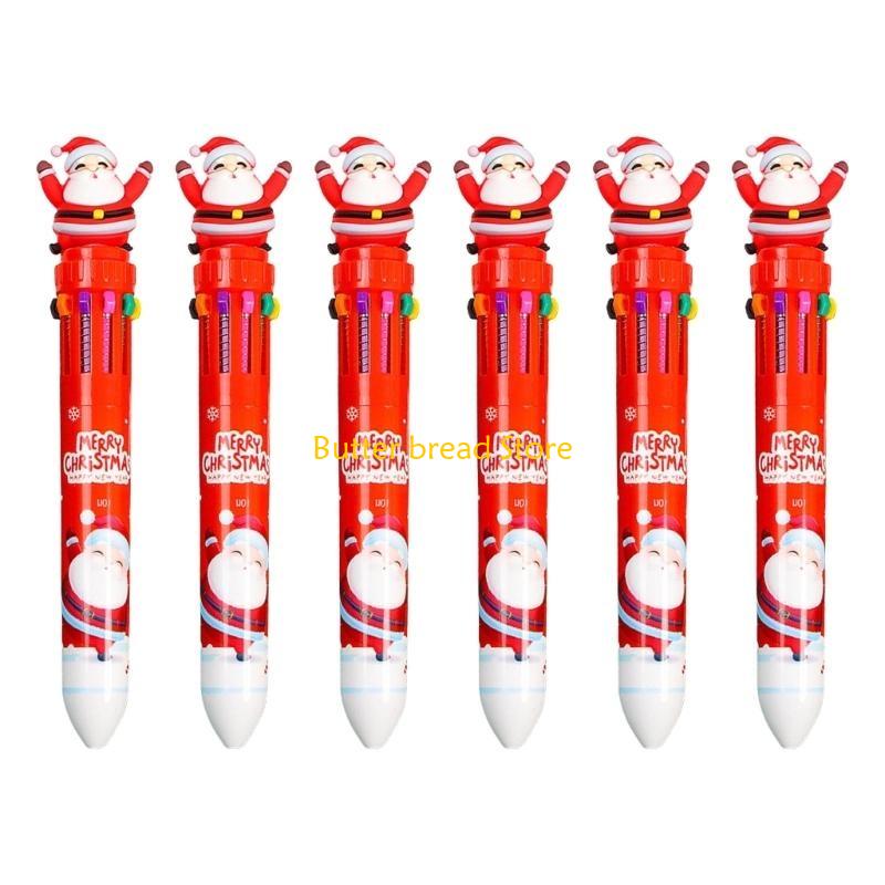 W89C 6x Multicolor Ballpoint Pen 10 in 1 Cartoon Christmas Ballpoint Pen for Party