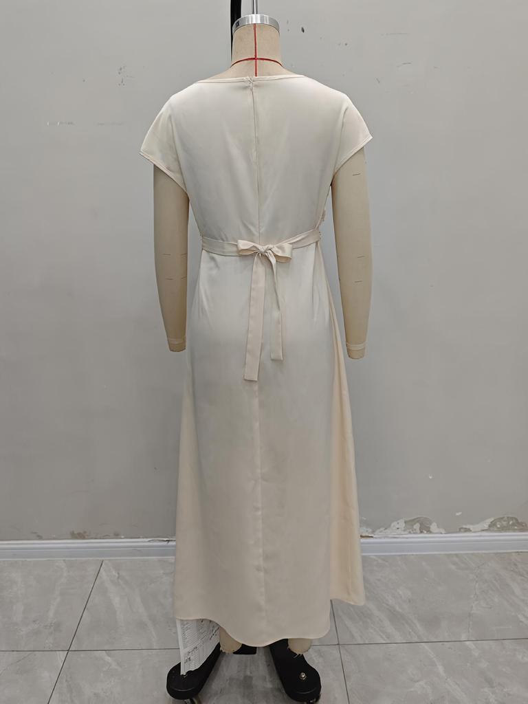 Elegant Satin One-Shoulder Lace-Up Dress - Slim Fit, Solid Color, European & American Style