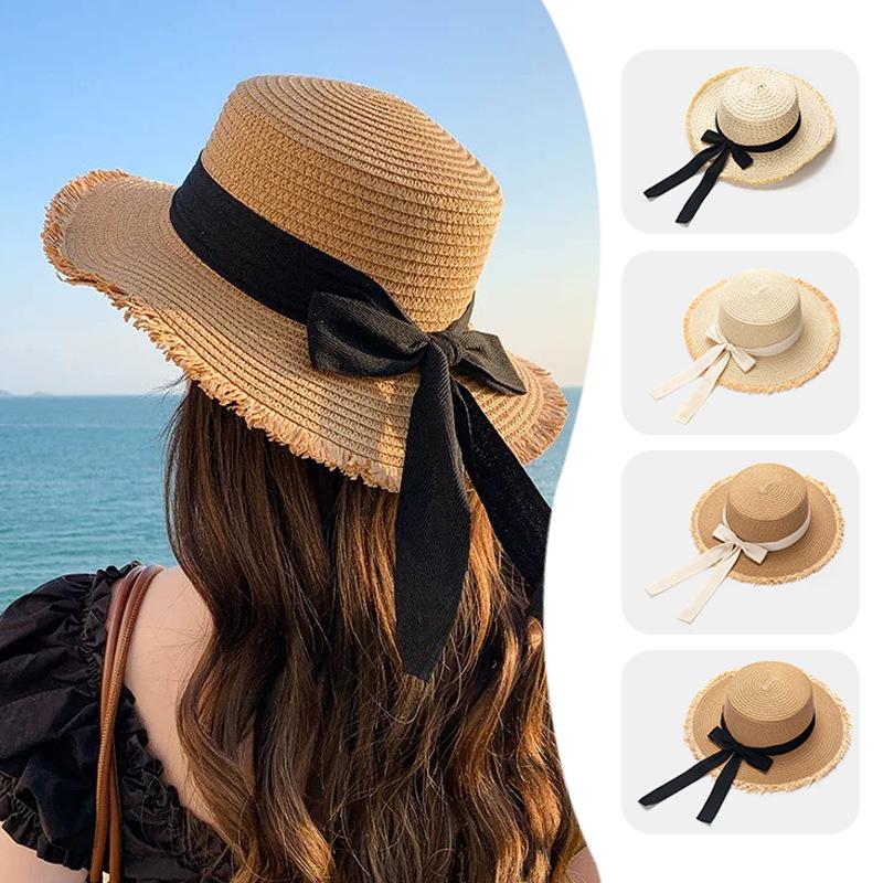 Korean Bow Straw Hat for Women Outdoor Beach Wide Brim Sun Visor Cap Summer Vacation Sunshade Female Panama Hats