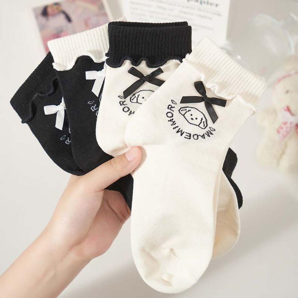 

Женские носки средней длины с бантом и буквами, дышащие, милые, с оборками, с бантом, хлопковые носки JK